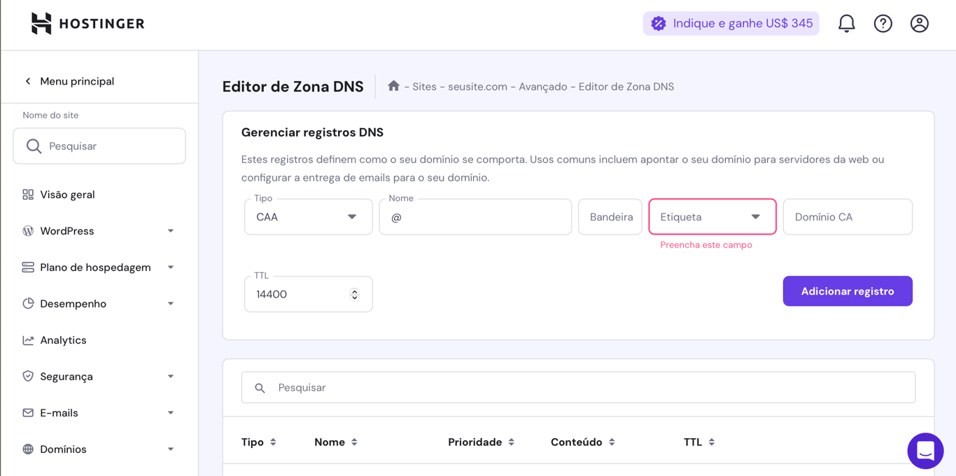 editor de zona dns do hpanel