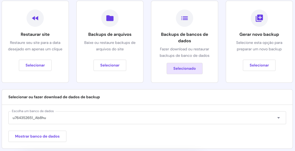 A p&aacute;gina Backups no hPanel. Os backups do banco de dados s&atilde;o selecionados