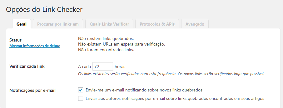 Op&ccedil;&otilde;es do plugin Link Checker