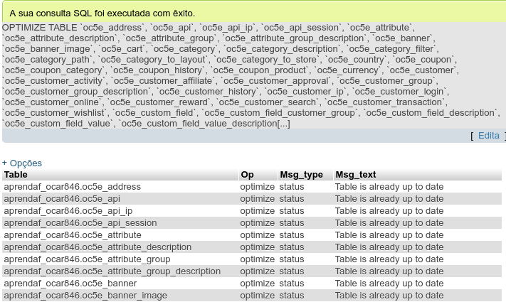 otimiza&ccedil;&atilde;o banco de dados conclu&iacute;da