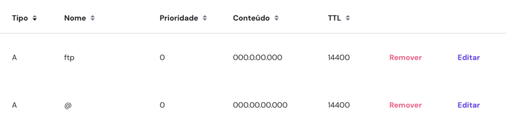 registros a no editor de zona dns do hpanel