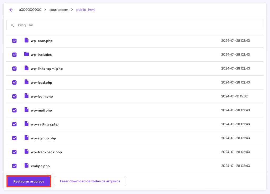 restaurando arquivos de backup pelo hpanel