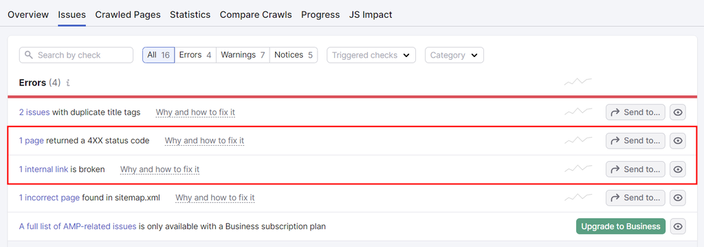 procurando links quebrados no semrush