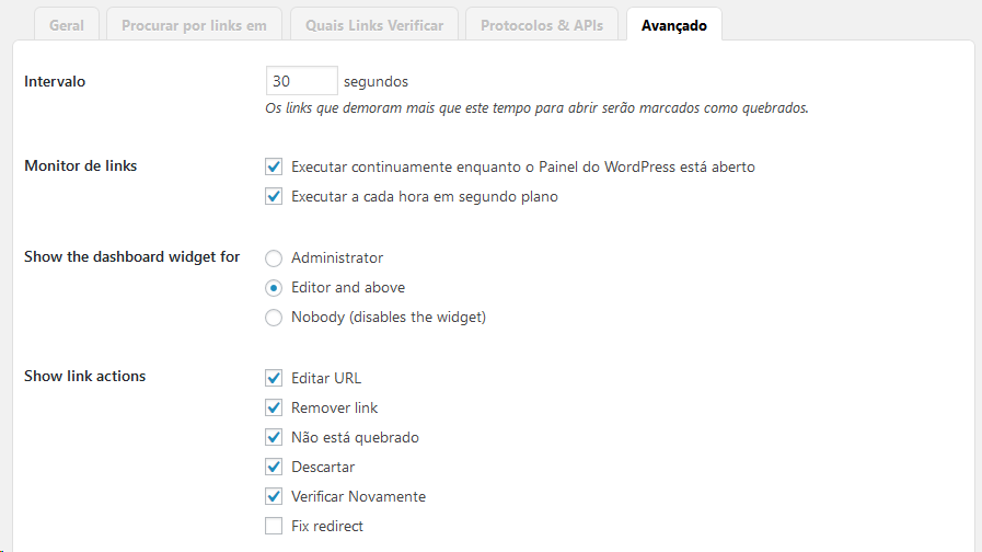 Aba Avan&ccedil;ado, com a op&ccedil;&atilde;o Verificar Novamente selecionada