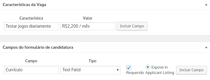 adicionar características da vaga de emprego no wordpress