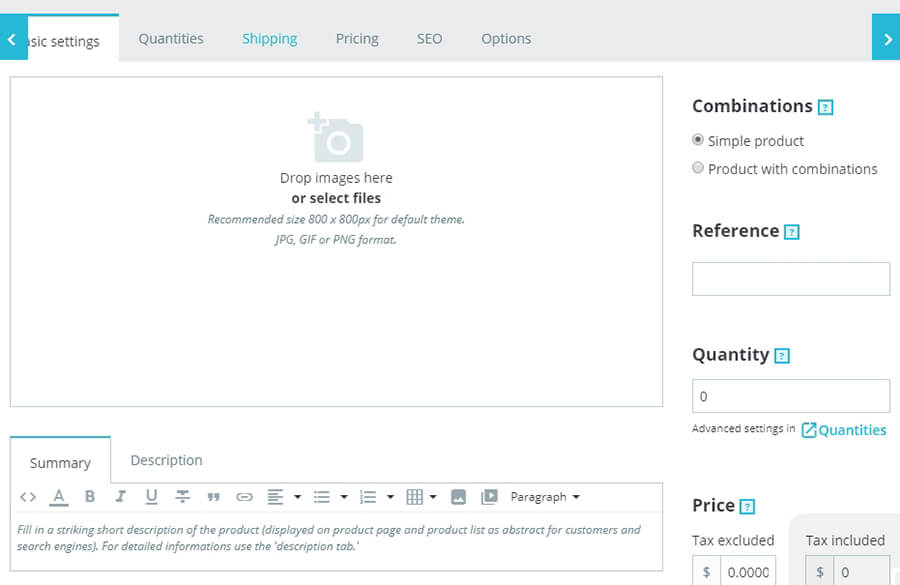 editor de produtos do Prestashop