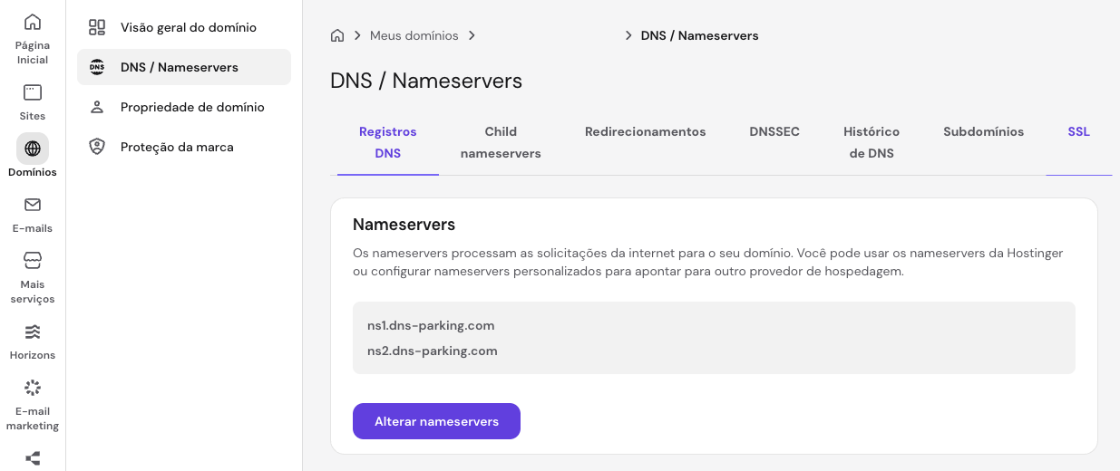 Valores dos nameservers da Hostinger no hPanel
