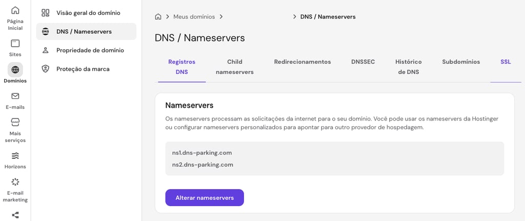 Valores dos nameservers da Hostinger no hPanel