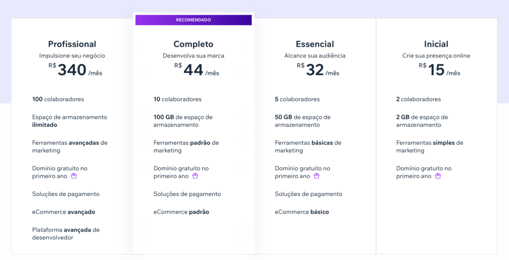 preços do wix