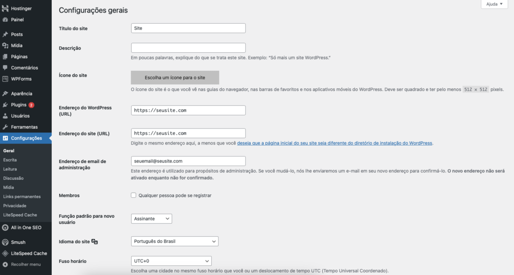configura&ccedil;&otilde;es gerais do wordpress
