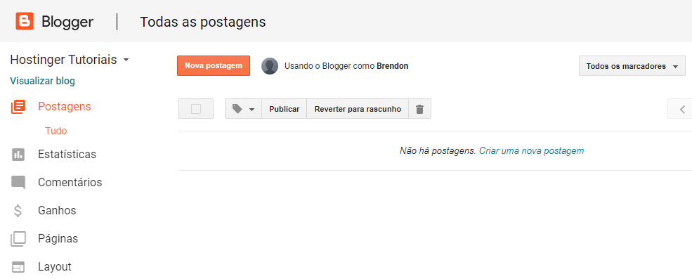 painel de controle do Blogger