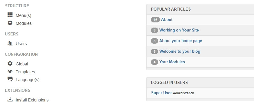 painel de controle do joomla