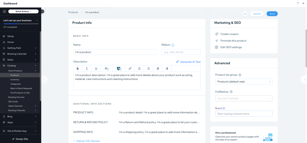 criando novo produto com a wix