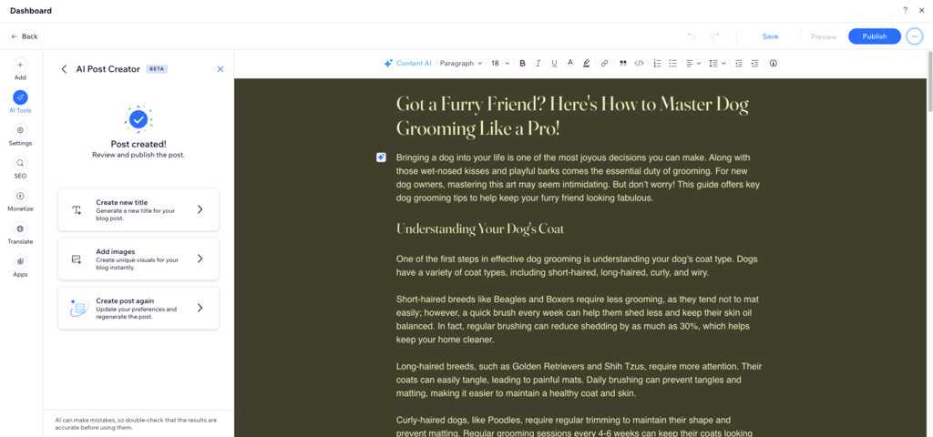 editor de posts de blog do wix