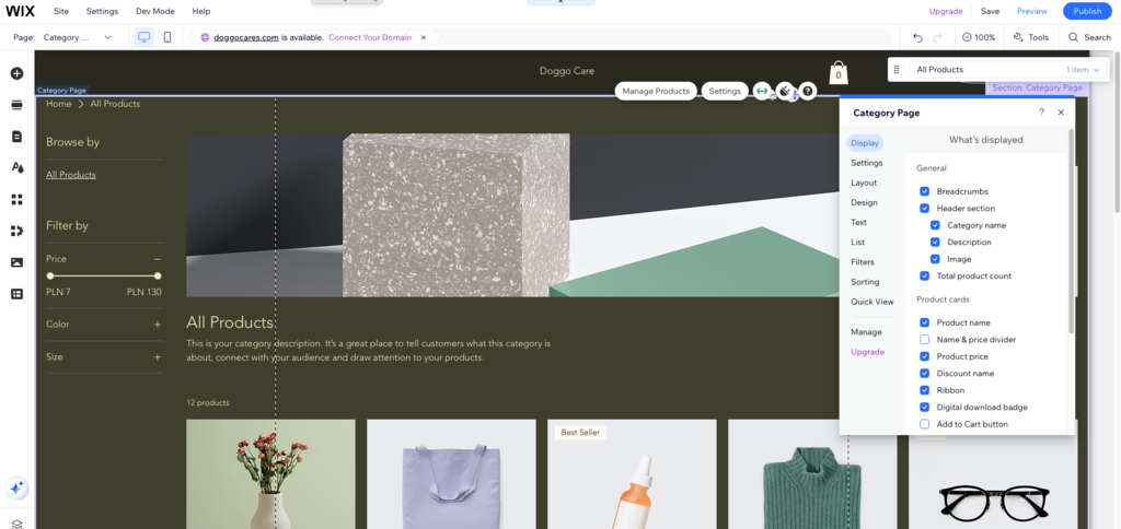 ajustes da wix store