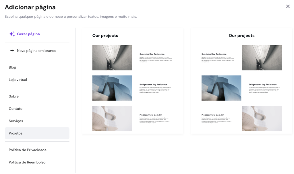 adicionar p&aacute;gina de projetos no criador de sites da hostinger
