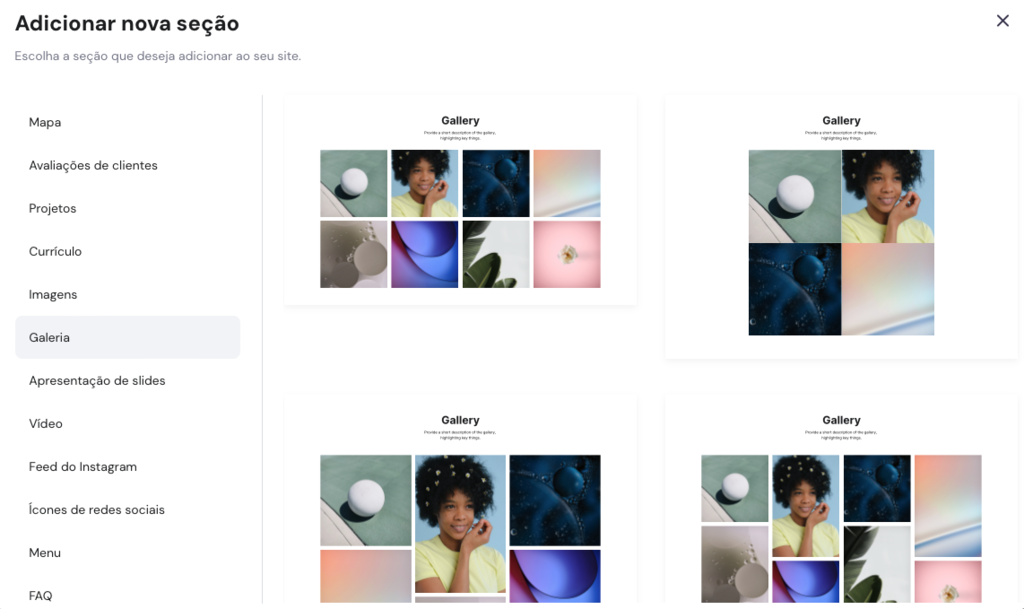 menu de galeria na op&ccedil;&atilde;o adicionar se&ccedil;&atilde;o do criador de sites da hostinger
