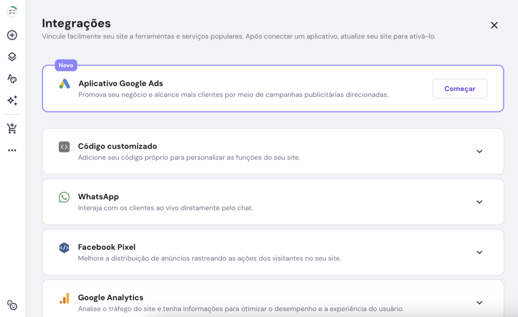 aplicativo Google Ads na &aacute;rea de integra&ccedil;&otilde;es do criador de sites da hostinger