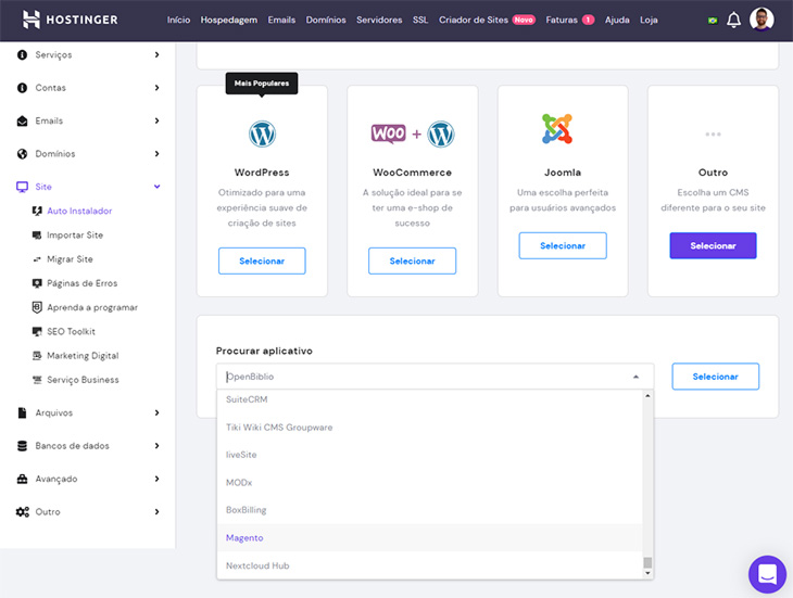 opções de cms no hpanel da hostinger