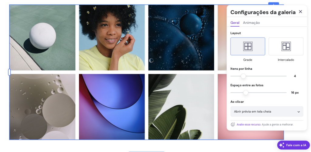 configura&ccedil;&otilde;es da galeria no criador de sites da hostinger