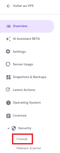 opção de firewall para vps na barra lateral do hpanel