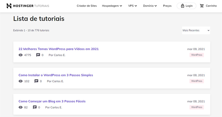 homepage de tutoriais da hostinger