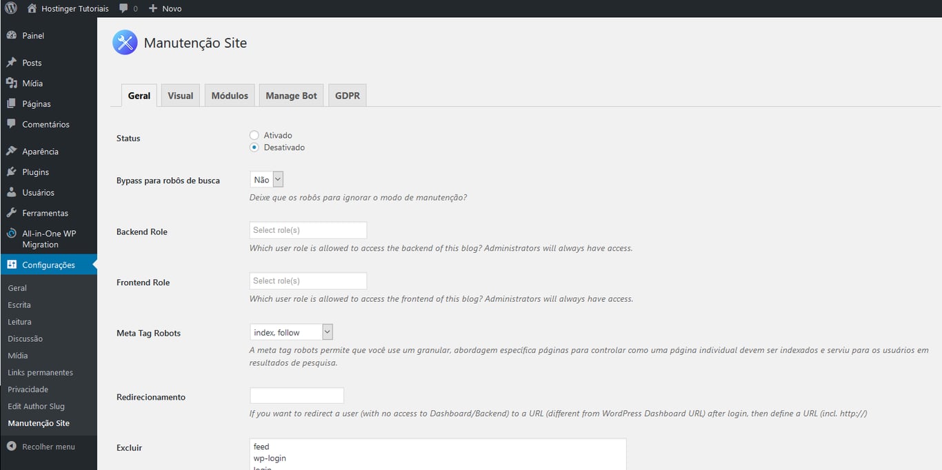 modo manutenção wordpress