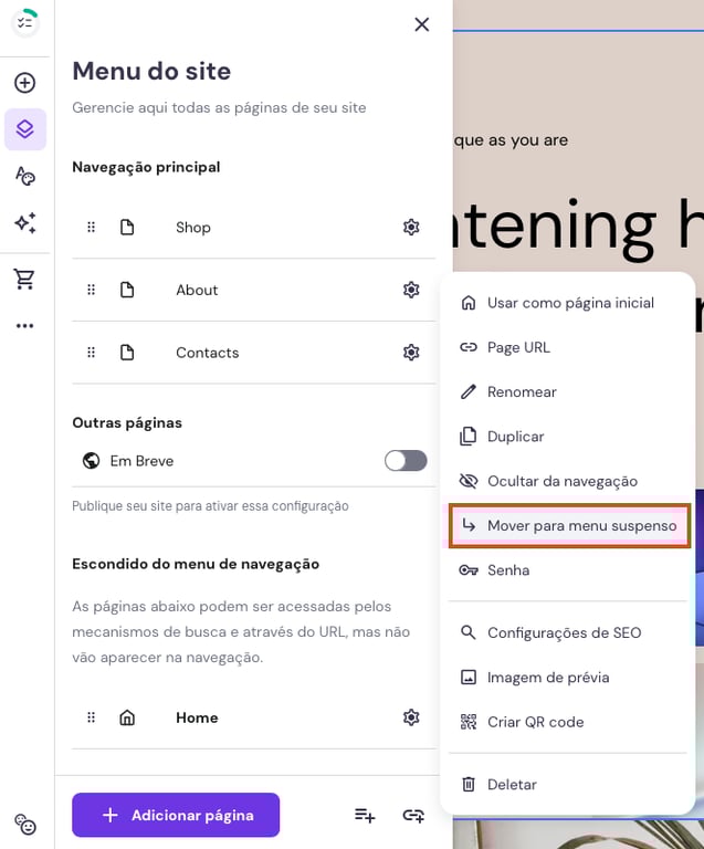 op&ccedil;&atilde;o de mover p&aacute;gina para menu suspenso no criador de sites da hostinger
