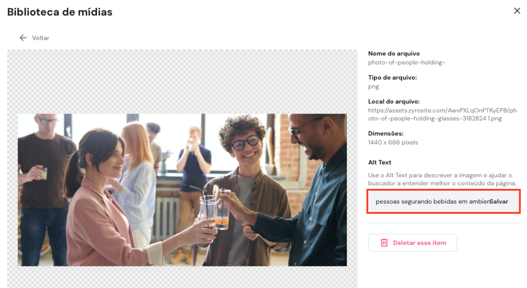 editando texto alternativo (alt text) na biblioteca de m&iacute;dia do criador de sites da hostinger