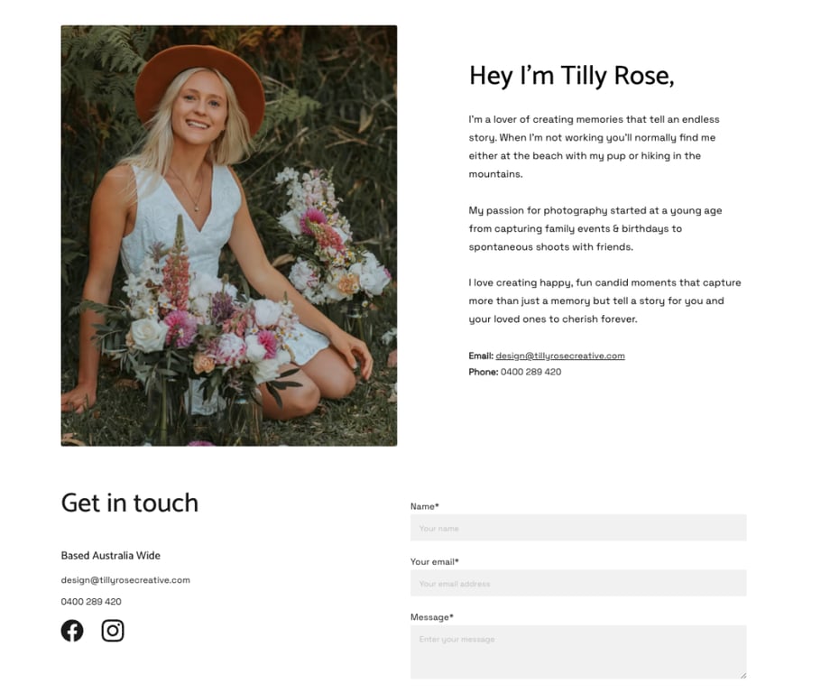 exemplo de p&aacute;gina sobre de site de fotografia Tilly rose criado com o criador de sites da hostinger