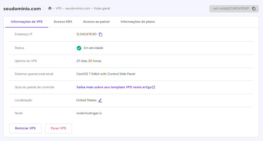 visão geral do vps no hpanel