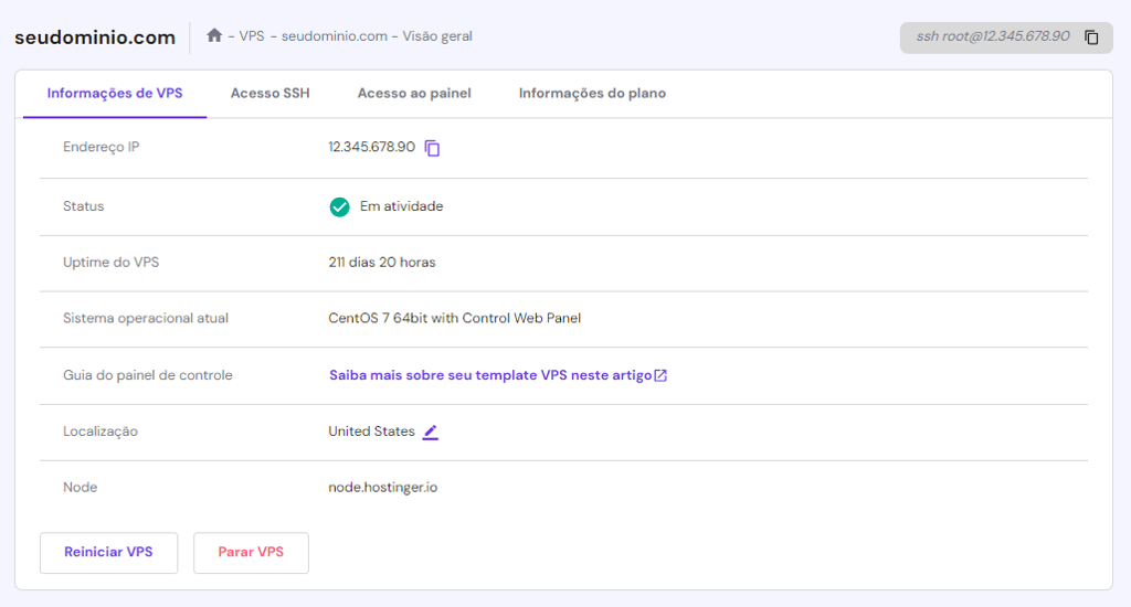 visão geral do vps no hpanel