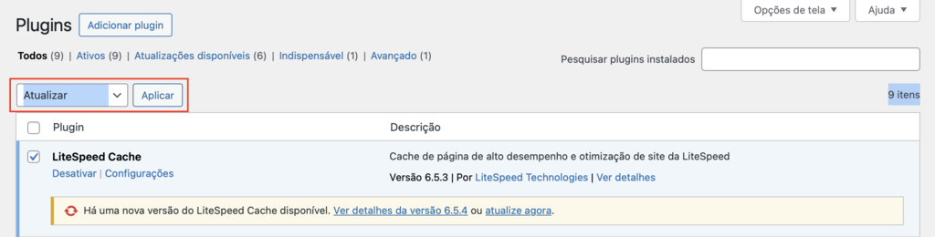 atualizando aplicativos em massa no wordpress