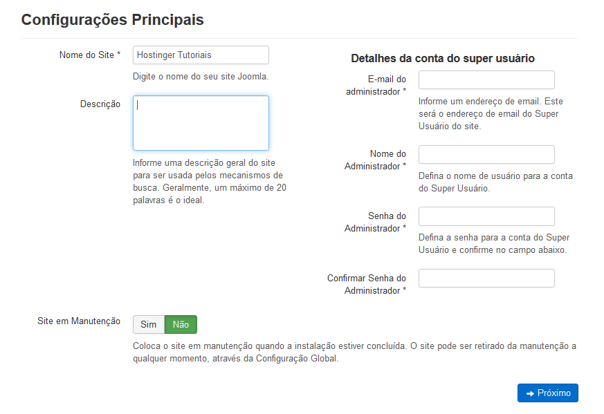 configurações principais instalando joomla