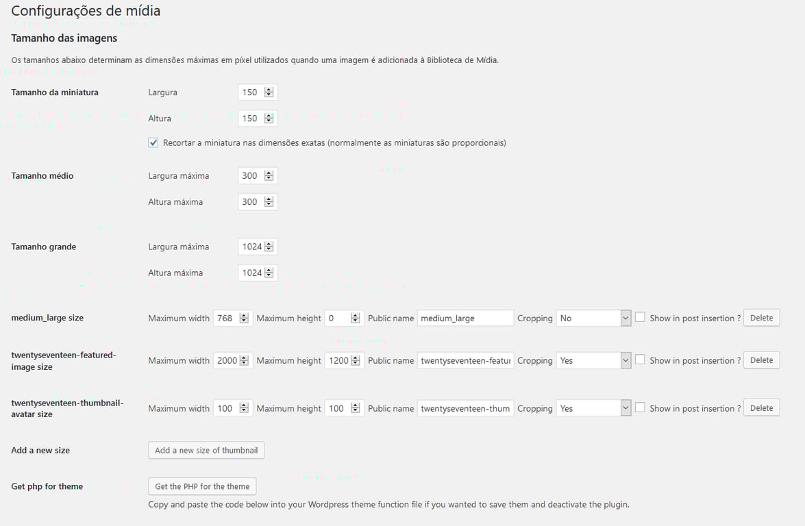 Tela de configuração da imagem destacada WordPress