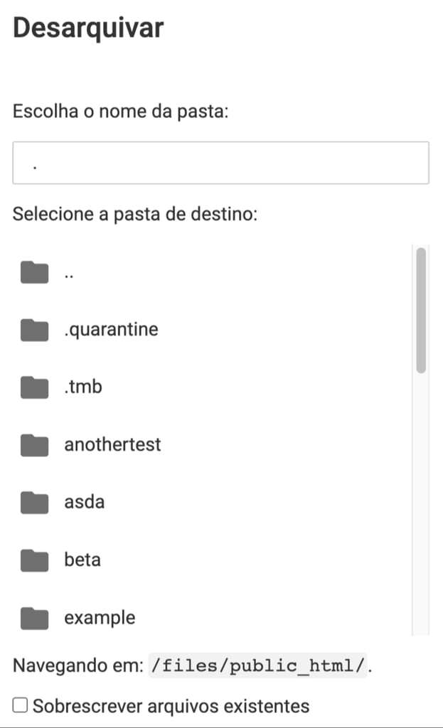 A janela de extra&ccedil;&atilde;o no Hostinger File Manager
