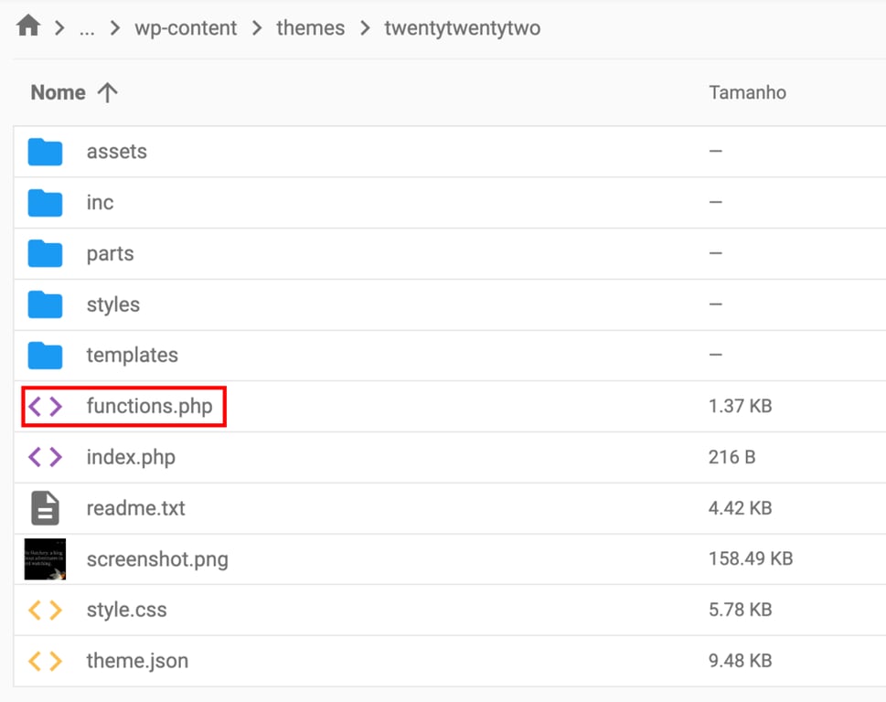 A pasta temática do WordPress. O arquivo functions.php é destacado