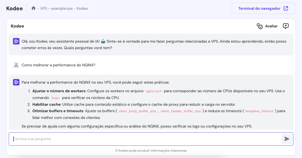 assistente de ia kodee respondendo dúvida sobre nginx no hpanel