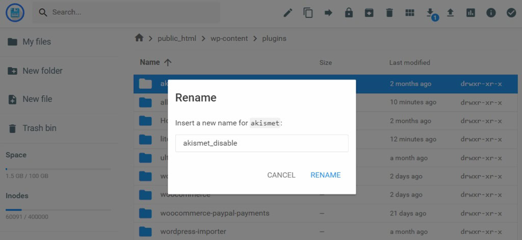 desativando plugins via gerenciador de arquivos do hpanel
