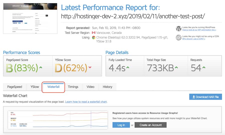 janela de diagn&oacute;stico GTmetrix