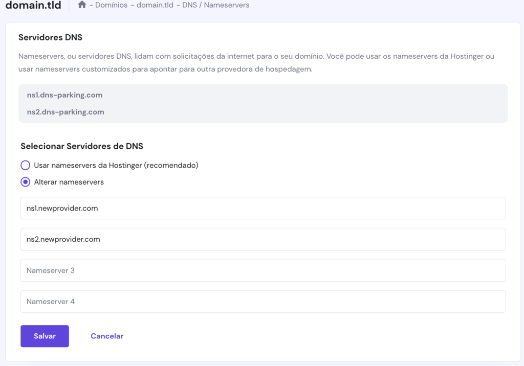 A p&aacute;gina DNS / Nameservers no hPanel