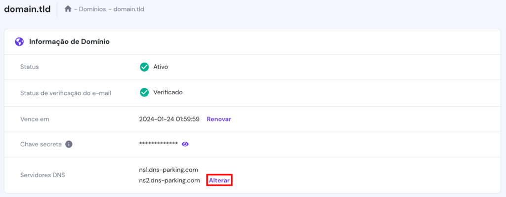 A p&aacute;gina de vis&atilde;o geral do dom&iacute;nio no hPanel. O bot&atilde;o de mudan&ccedil;a pr&oacute;ximo aos servidores de nomes &eacute; destacado