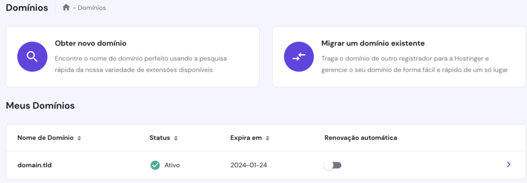 A p&aacute;gina de Dom&iacute;nios no hPanel