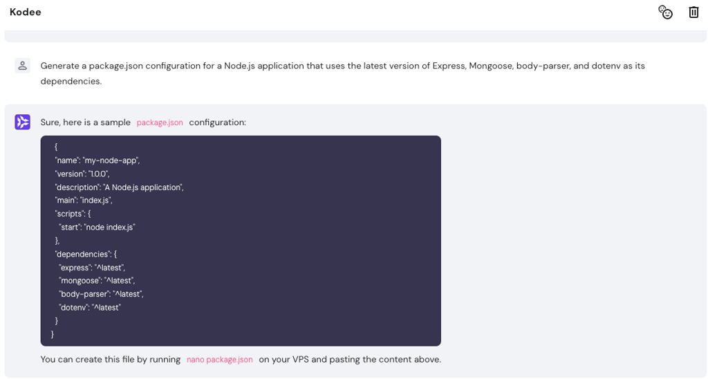 pedindo ao kodee para criar configura&ccedil;&atilde;o json