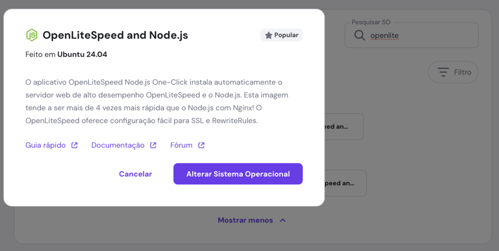 mudando sistema operacional no hpanel para openlitespeed com node.js