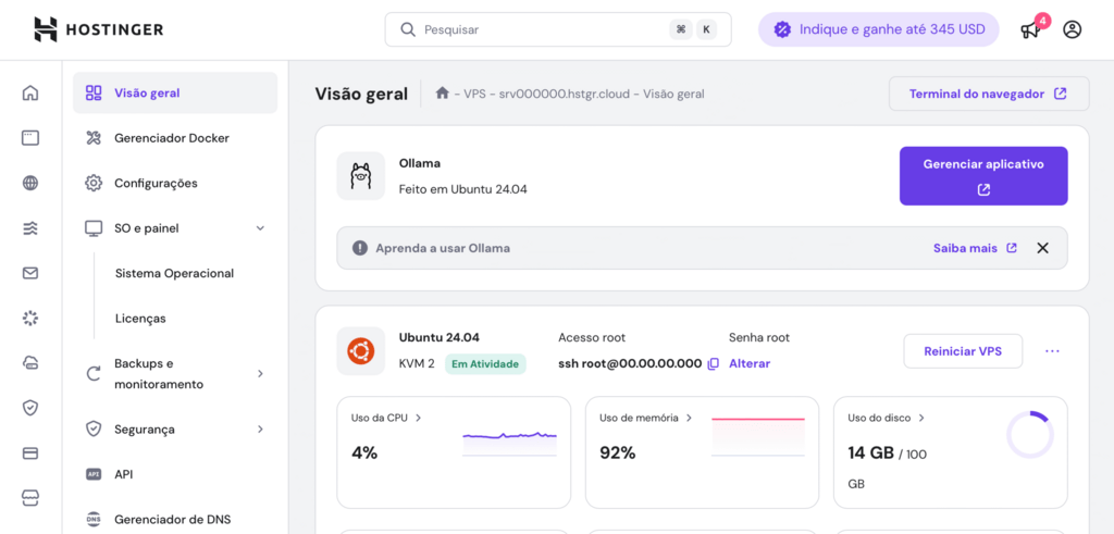 tela de vis&atilde;o geral de vps da Hostinger com destaque para a op&ccedil;&atilde;o SO e painel