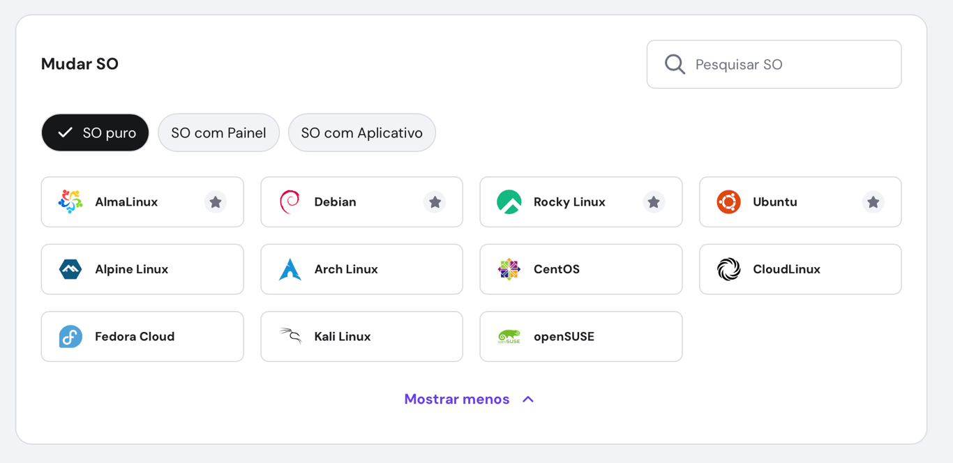 selecionando template de so puro no hpanel