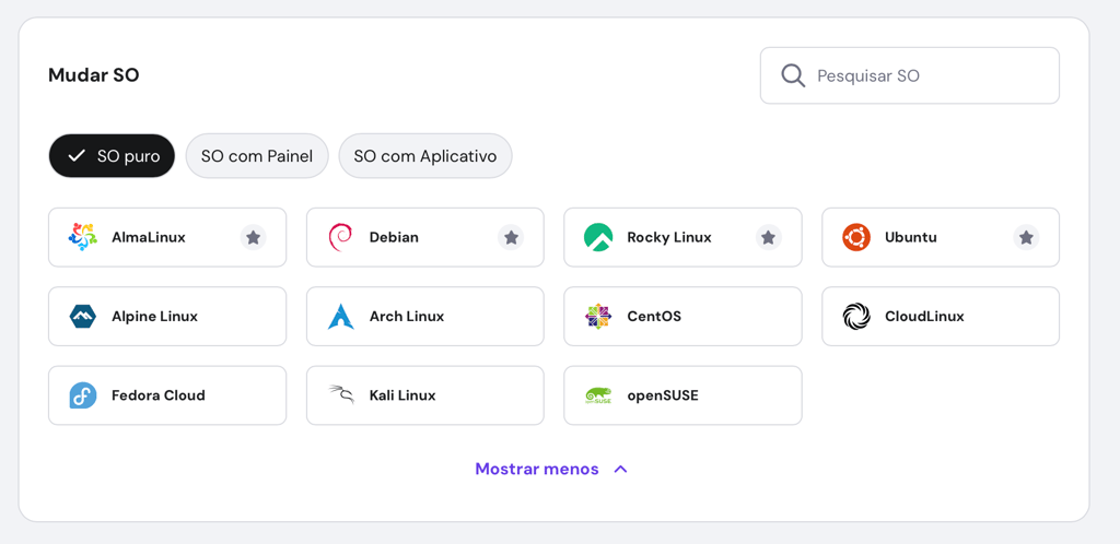 selecionando template de so puro no hpanel