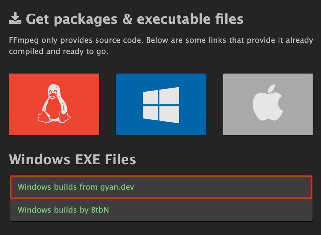 baixando o FFmpeg para windows no seu site oficial