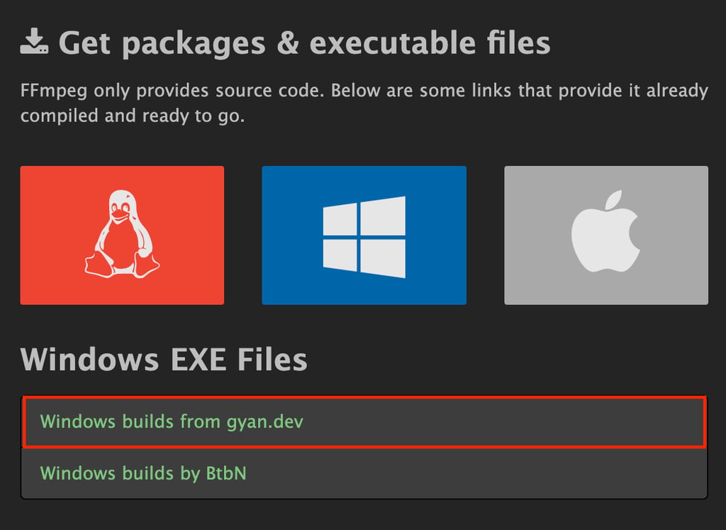 baixando o FFmpeg para windows no seu site oficial